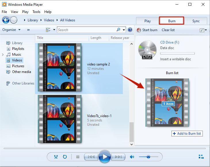 create a burn list with Windows Media Player on Win 10