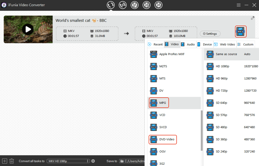 convert mkv to mpeg ifunia