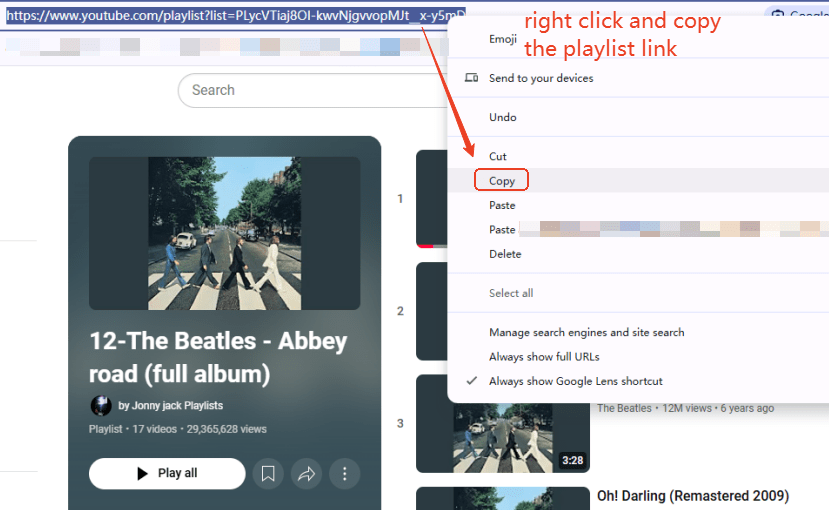 copy YouTube playlist link
